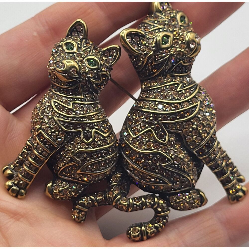 Heidi Daus Designer Double Cat Rhinestone Metal Brooch Pin 3in - Picture 1 of 5